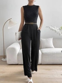 SHEIN Privé 蕾絲拼接闊腿連體褲不附腰帶 - 黑色 - 查看 1