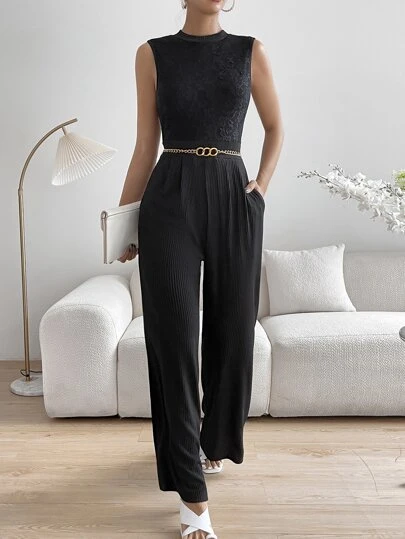 SHEIN Privé 蕾絲拼接闊腿連體褲不附腰帶