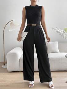 SHEIN Privé 蕾絲拼接闊腿連體褲不附腰帶 - 黑色 - 查看 5