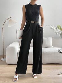 SHEIN Privé 蕾絲拼接闊腿連體褲不附腰帶 - 黑色 - 查看 6