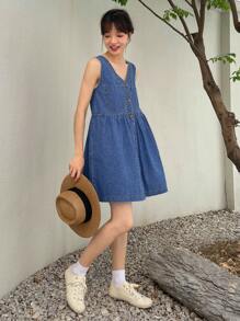 DAZY 前紐扣牛仔裙 - 中等水洗藍 - 查看 4