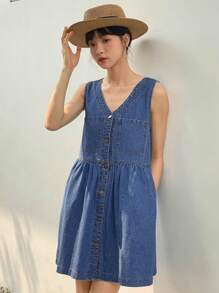 DAZY 前紐扣牛仔裙 - 中等水洗藍 - 查看 5