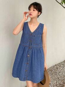 DAZY 前紐扣牛仔裙 - 中等水洗藍 - 查看 6