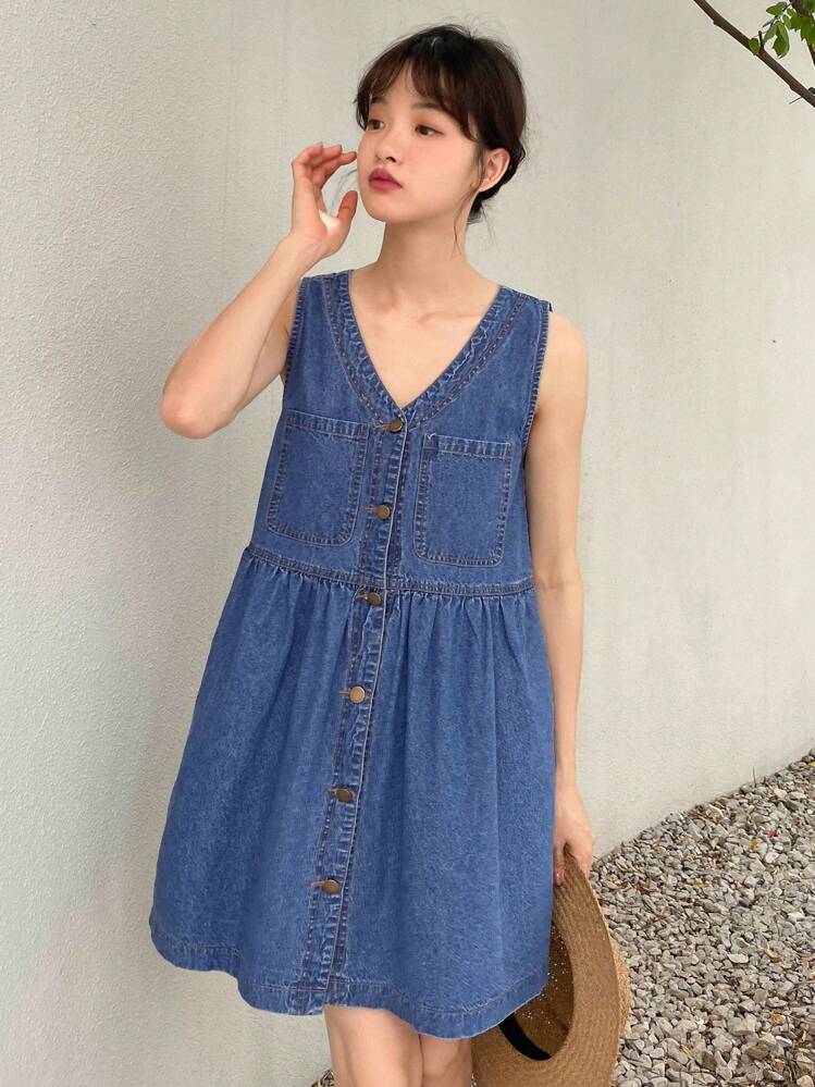 DAZY 鈕扣前洗水牛仔裙 - 中等水洗藍 - 查看 6