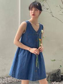 DAZY 前紐扣牛仔裙 - 中等水洗藍 - 查看 8