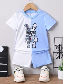 SHEIN 男小童藍色卡通撞色街頭風可愛圓領常規袖2入組/套適合夏天 - 藍色 - 查看 1