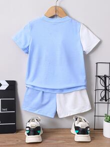 SHEIN 男小童藍色卡通撞色街頭風可愛圓領常規袖2入組/套適合夏天 - 藍色 - 查看 2