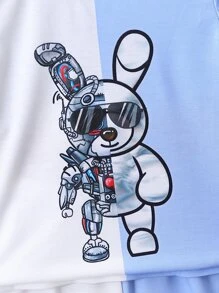 SHEIN 男小童藍色卡通撞色街頭風可愛圓領常規袖2入組/套適合夏天 - 藍色 - 查看 3