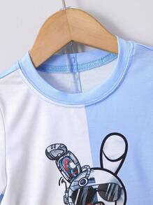 SHEIN 男小童藍色卡通撞色街頭風可愛圓領常規袖2入組/套適合夏天 - 藍色 - 查看 4