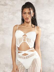 SHEIN ICON Áo khoác và áo lót dành cho xe tăng nữ Tương phản Mesh Cắt ra Buộc lại màu trơn Giải trí - trắng - Xem 1