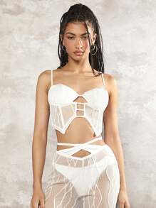 SHEIN ICON Áo khoác và áo lót dành cho xe tăng nữ Tương phản Mesh Cắt ra Buộc lại màu trơn Giải trí - trắng - Xem 6