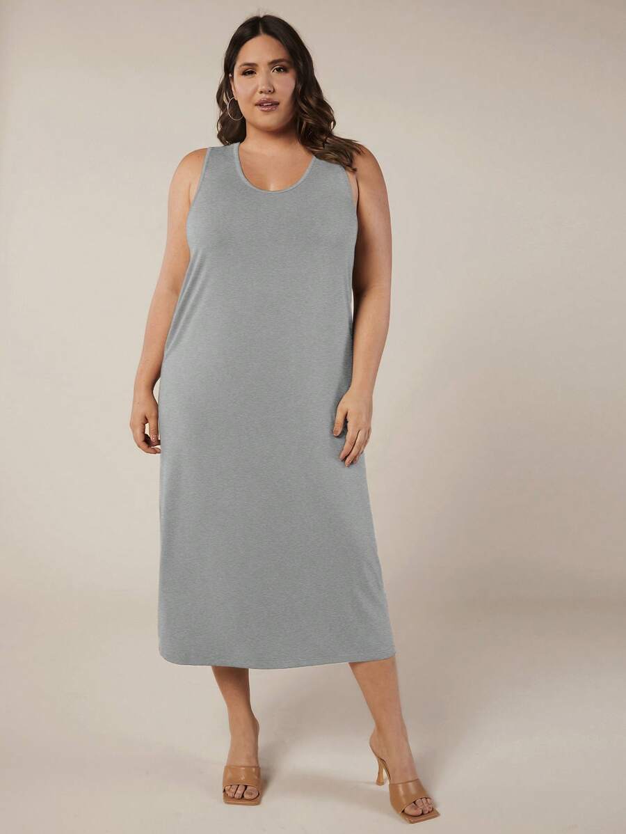 SHEIN BASICS Plus Solid Tank Dress - Grey - View 1
