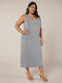 SHEIN BASICS Plus Solid Tank Dress - Grey - View 3