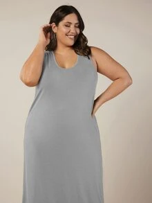 SHEIN BASICS Plus Solid Tank Dress - Grey - View 5