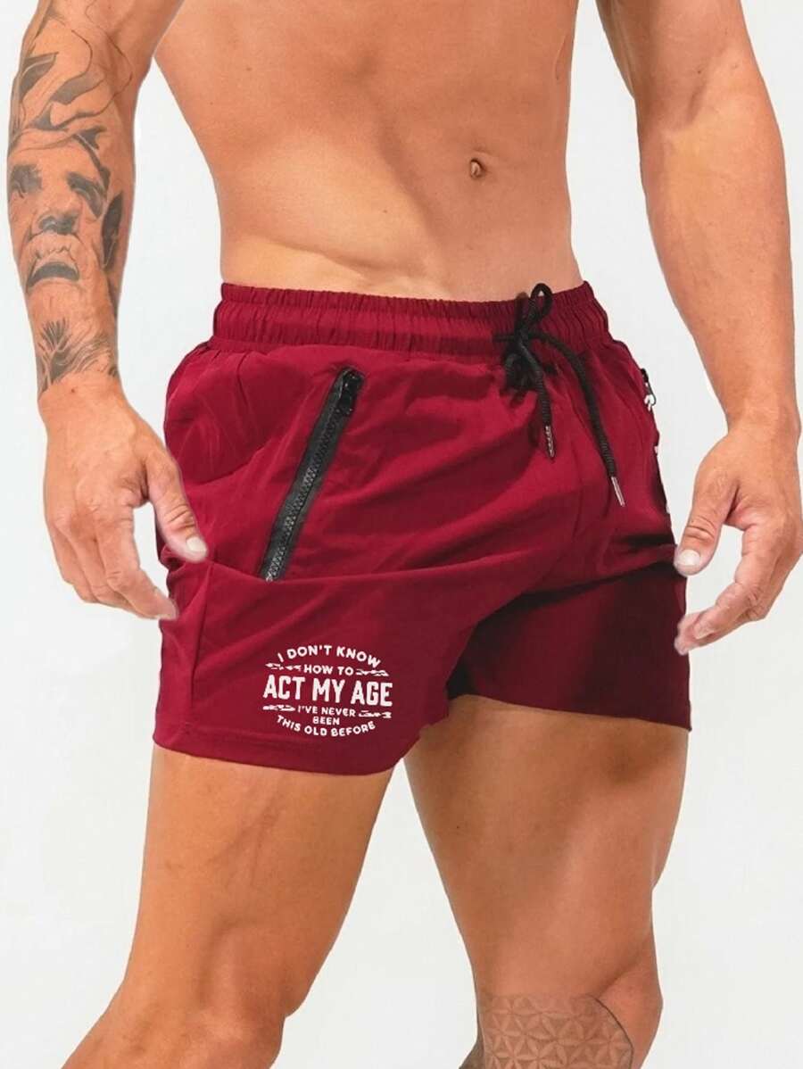 Daily&Casual Men Letter Graphic Drawstring Waist Zipper Pocket Sports Shorts - Burgundy - View 1