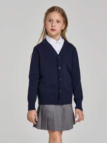 Niñas 1 pieza Cárdigan unicolor con botón delantero - Azul Marino - Ver 1