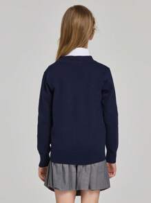 Niñas 1 pieza Cárdigan unicolor con botón delantero - Azul Marino - Ver 2