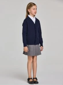 Niñas 1 pieza Cárdigan unicolor con botón delantero - Azul Marino - Ver 4