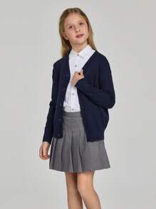 Niñas 1 pieza Cárdigan unicolor con botón delantero - Azul Marino - Ver 7