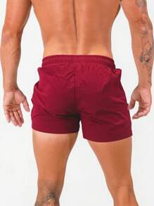 Daily&Casual Men Letter Graphic Drawstring Waist Zipper Pocket Sports Shorts - Burgundy - View 2