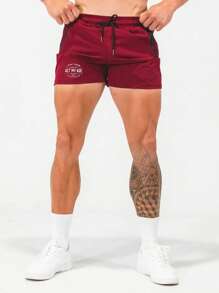 Daily&Casual Men Letter Graphic Drawstring Waist Zipper Pocket Sports Shorts - Burgundy - View 3