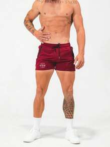 Daily&Casual Men Letter Graphic Drawstring Waist Zipper Pocket Sports Shorts - Burgundy - View 4