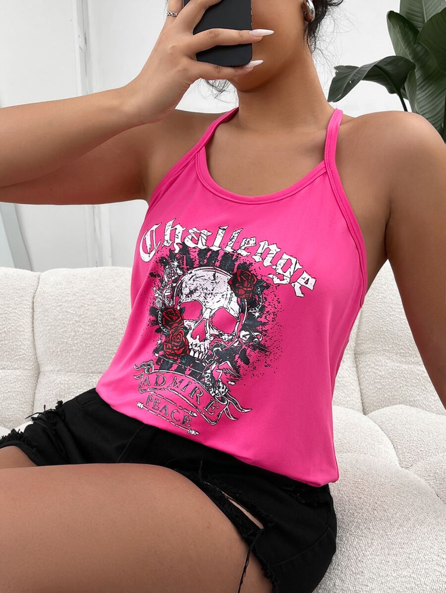 ROMWE PUNK Plus Skull & Letter Graphic Halter Top - Pink - View 1