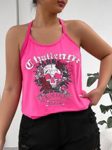ROMWE PUNK Plus Skull & Letter Graphic Halter Top - Pink - View 5
