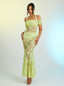 Butterfly Applique Mesh Dress - Lime Green - View 1