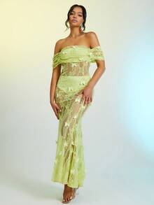 Butterfly Applique Mesh Dress - Lime Green - View 3