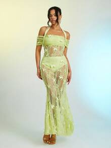 Butterfly Applique Mesh Dress - Lime Green - View 5