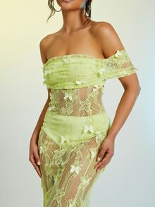 Butterfly Applique Mesh Dress - Lime Green - View 6