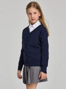 Niñas 1 pieza Cárdigan unicolor con botón delantero - Azul Marino - Ver 6