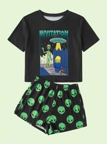 Lasthopeparty Alien Print PJ Set, School - Black - View 1