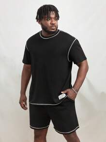 Manfinity Men Plus Contrast Topstitching Tee & Shorts - Black - View 1