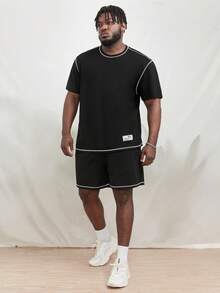 Manfinity Men Plus Contrast Topstitching Tee & Shorts - Black - View 4