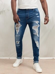 Manfinity Hombres Jeans ajustados desgarro - Azul lavado oscuro - Ver 1