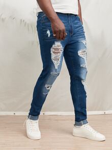 Manfinity Hombres Jeans ajustados desgarro - Azul lavado oscuro - Ver 4