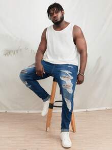 Manfinity Hombres Jeans ajustados desgarro - Azul lavado oscuro - Ver 5
