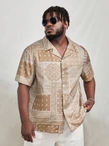 EASEVO Men Plus Paisley Scarf Print Shirt - Khaki - View 1