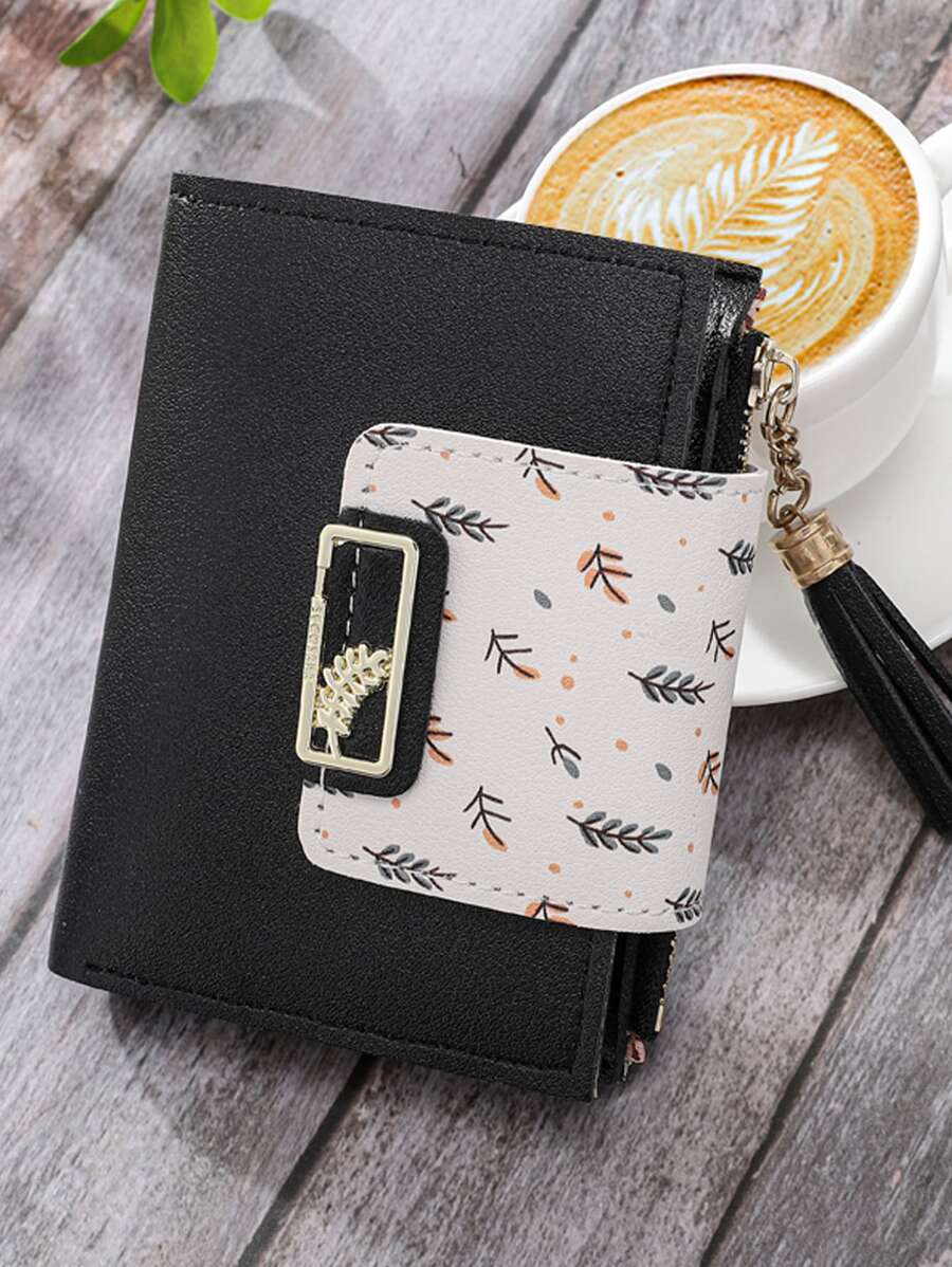 Monedero/cartera de mujer, de PU con decoración de flecos y diseño gráfico de hojas, de estilo minimalista y moderno, adecuado como regalo de cumpleaños, aniversario, San Valentín para parejas, mujeres, chicas, señoras.