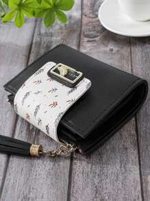 Monedero/cartera de mujer, de PU con decoración de flecos y diseño gráfico de hojas, de estilo minimalista y moderno, adecuado como regalo de cumpleaños, aniversario, San Valentín para parejas, mujeres, chicas, señoras.