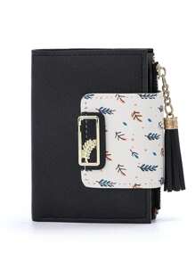 Monedero/cartera de mujer, de PU con decoración de flecos y diseño gráfico de hojas, de estilo minimalista y moderno, adecuado como regalo de cumpleaños, aniversario, San Valentín para parejas, mujeres, chicas, señoras.