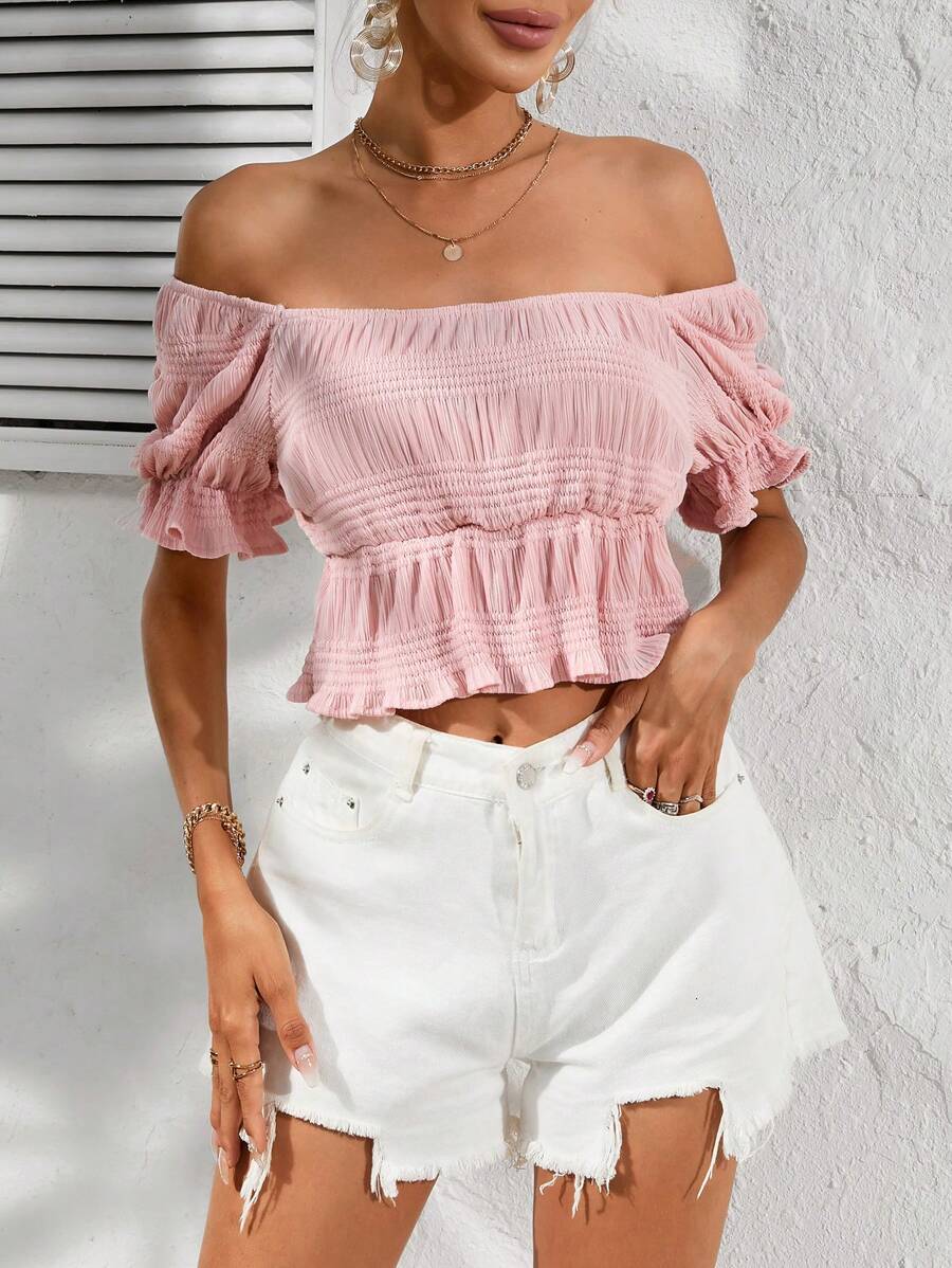 GENKIRA Off Shoulder Ruffle Hem Crop Blouse - Pink - View 1