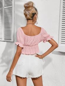 GENKIRA Off Shoulder Ruffle Hem Crop Blouse - Pink - View 2