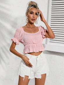 GENKIRA Off Shoulder Ruffle Hem Crop Blouse - Pink - View 3