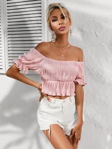 GENKIRA Off Shoulder Ruffle Hem Crop Blouse - Pink - View 5