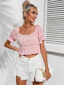 GENKIRA Off Shoulder Ruffle Hem Crop Blouse - Pink - View 6