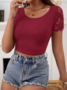 SHEIN Frenchy Contrast Lace Tie Backless Crop Tee Christmas Summer New Year Red Burgundy Burgundy