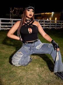 ROMWE PUNK Plus Cut Out Crisscross Front Halter Top - Black - View 3